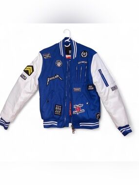Robert Phillipe Blue Orange and White unisex Varsity Jacket with Patches
